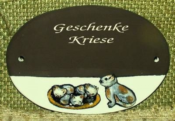 Keramik-Türschild – Katzemama mit Kindern – 15,5 x 10,5 cm - Schriftfeld braun – Handarbeit