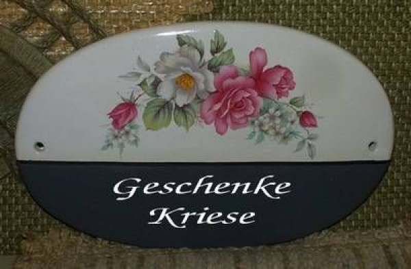 Keramik-Türschild – Rosen – 19 x 12 cm – Schriftfeld dunkelbraun – Handarbeit