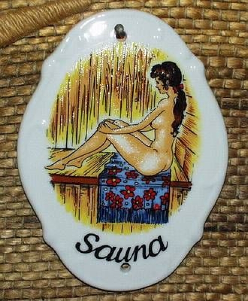 Porzellan-Hinweisschild mit festem Text – Sauna – 11,2 x 8,5 cm – Handarbeit – Unikat