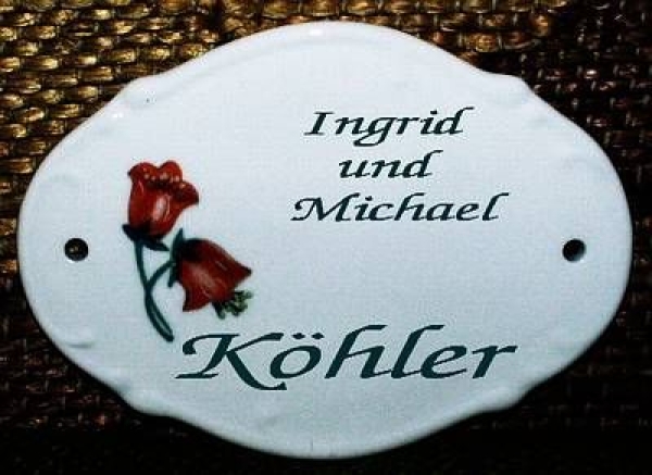 Porzellan-Türschild – Rosen – 11,2 x 8,5 cm – Text: max. 3 Zeilen mit 6, 5 und 8 Buchstaben – Handarbeit – Unikat