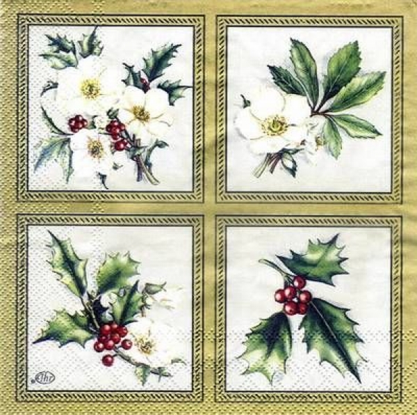 s3876 - Holly an Hellebores - gold - Servietten - Packung - 20 Stück