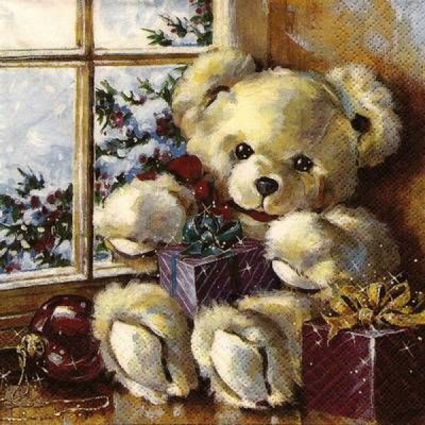 s9z11737 - Teddy am Fenster  - Servietten - Packung - 20 Stück.