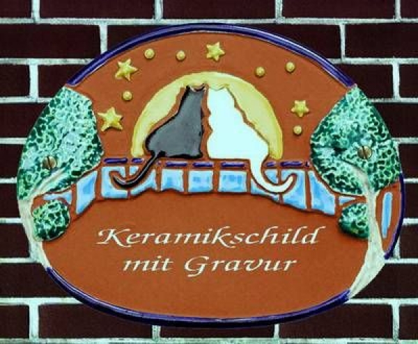 Keramik-Türschild – Lasergravur – 19 x 15 cm – Farb- und Schriftauswahl – Katzen vor Nachthimmel
