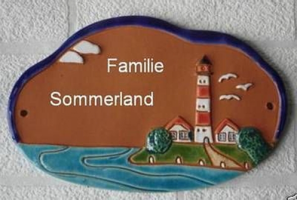 Keramik-Türschild – Westerhever Leuchtturm – 21 x 14 cm – terracotta – Handarbeit