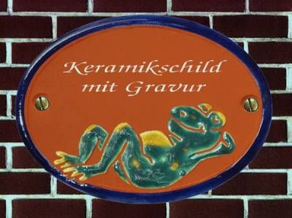 Keramik-Türschild – Frosch – 9 x 7 cm – Schriftfeld terracotta  – Handarbeit