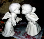 Kissing Angel Girl and Angel Boy - each 25 and 26 cm high - large - biscuit