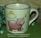 Keramik-Tasse  - Becher mit Wunschtext – Motiv: 1 x Sunshine Pig – Schwein mit Sonne