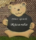 Kinder-Türschild aus Keramik– Teddy – 11 x 12 cm – Schriftfeld braun – zum Ankleben – Handarbeit