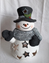 Schneemann-Windlicht für Teelicht oder Lichterkette – 25 cm hoch  – Handarbeit – Unikat – bemalte Keramik