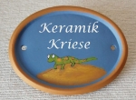Keramik-Türschild – Echse – 11,9 x 9 cm - Schriftfeld blau – Handarbeit