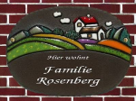 Keramik-Türschild – Landschaft mit Dorf– 19 x 13,5 cm – Schriftfeld dunkelbraun – Handarbeit