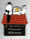 Keramik-Türschild – Snoopy – 11,5 x 14,5 cm – Schriftfeld braun – Handarbeit