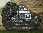Klingelschild -Türschild mit eingebauter Messingklingel – Fachwerkhaus – 20 x 14 cm – sehr aufwändige Töpferarbeit – Unikat