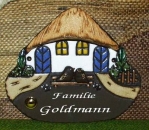 Klingelschild -Türschild mit eingebauter Messingklingel – Bauernhaus mit Vogelpaar – 22 x 15 cm -  – aufwändige Töpferarbeit – DISC