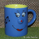 Keramik-Tasse  - Kinder oder Espresso-Tasse - Becher mit Wunschname – Motiv: FACE blau/gelb
