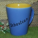 Keramik-Tasse  - Becher – ohne Motiv – blau / gelb – mit Wunschtext
