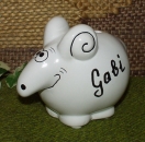 Spardose – Schaf – Mufflon - mit Stopfen – 11 x 6,5 x 8 cm – aus Keramik – auf Wunsch mit Text in blau, rot oder schwarz