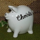 Spardose – Schwein – mit Stopfen – 10,5 x 6 x 9 cm – aus Keramik – auf Wunsch mit Text in blau, rot oder schwarz