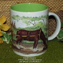 Keramik-Tasse  - Becher mit Wunschname – Rundum-Motiv: Pferd mit Karre -  Tasse innen blau, nicht grün