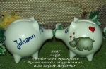 Sparschwein mit Stopfen – 10 x 8,5 x 8,5 cm - Nilpferdmotiv – fester Name: Johann