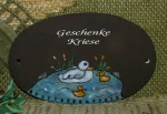 Keramik-Türschild – Enten-Familie im Teich – 19 x 11,5 cm – Schriftfeld braun – Handarbeit