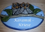 Keramik-Türschild – Eulenpaar auf Ast – 17 x 12 cm – Schriftfeld blau – Handarbeit