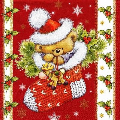 s9z11626 - Teddy im Söckchen - rot - Servietten - Packung - 20 Stück.