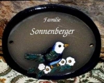Keramik-Türschild – Vogel auf Ast – 11,5 x 9 cm – Schriftfeld braun – Handarbeit